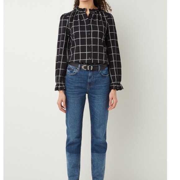 Ba&Sh  Patsy Ruffle Cotton/Linen Plaid Blouse Black & White Size XS - Picture 2 of 10